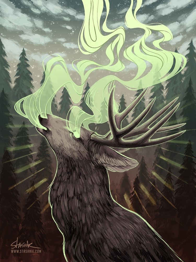A portrait of a mule deer lifting it's head towards the sky. An eerie green smoke emanates from it's eyes, nose, and mouth. #Stasanie