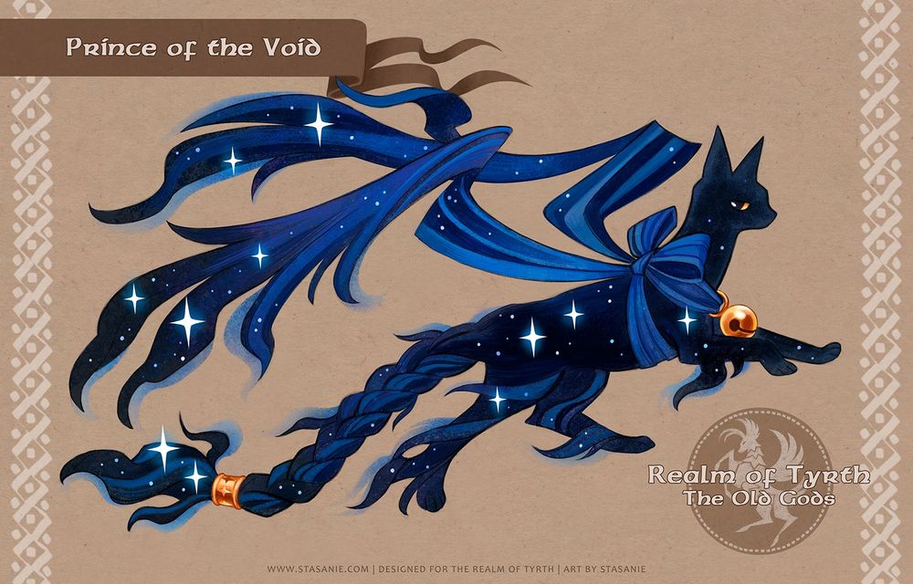 A character design that resembles a black cat who’s fur is made of starlight and wispy tendrils of night. Wrapped around his chest is a thick blue ribbon fastened in a large bow at his back. The tails of the ribbon trail away and seem to resemble wings. A large golden bell hangs at his neck, and his ethereal tail seems to be made of braided night. A golden cuff with a star motif adorns the tip of his tail. #Stasanie #Fowldyr