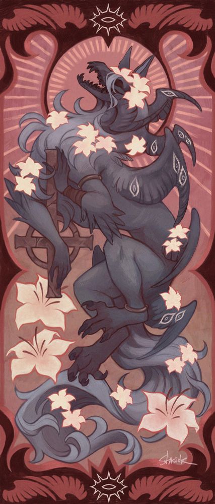 A tapestry style drawing of a grey beast with a canine skull for a face The creature has many small sets of wings with eye markings on them, and their fur is decorated with white lilies. The drawing is set against a muted pink background and framed with a border emblazoned with an eye and wing motif. This OC belongs to Shugo. #Stasanie