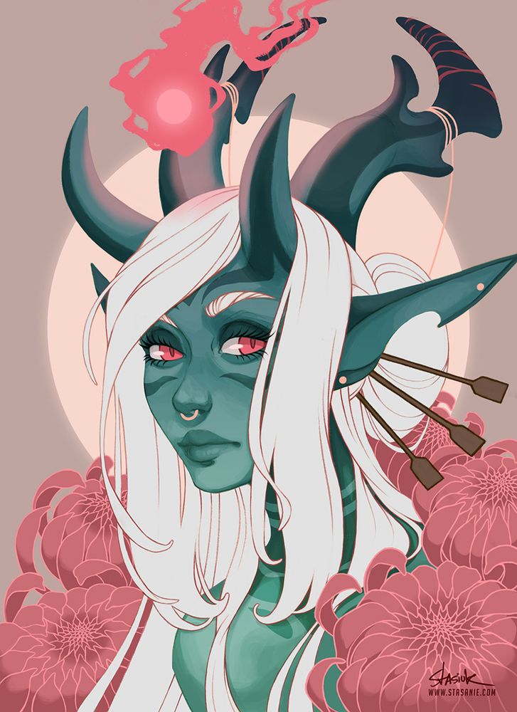 A portrait of Vera the enoki. Enoki are a closed species created by Helixel. This OC is co-owned by Helixel and Satsukii. A green demon woman with elaborate horns is surrounded by muted pink chrysanthemums. Her long white hair drapes over her bare shoulders, and a portion of it is pulled up into a bun and secured with hair pins. The horns that protrude from her forehead cradle a soft pink flame. #Stasanie