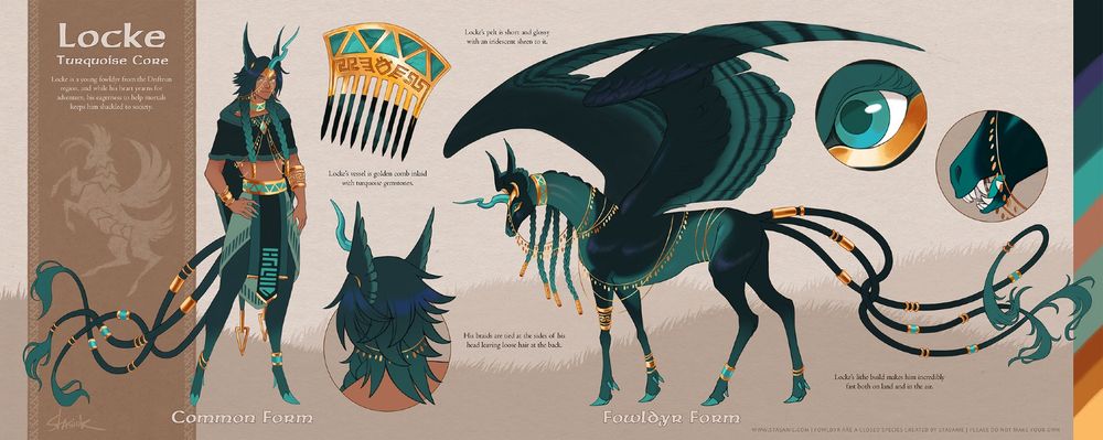 A reference sheet depicting a fowldyr designed around a comb vessel
Fowldyr are a closed species created by Stasanie (me)
This fowldyr belongs to lunalemures.bsky.social

A design featuring a horse-like creature with large wings and a curving turquoise horn. The creature has 3 long tails and is covered in fine gold jewelry. In their human form, they have dark teal hair tied in braids and wear light layered clothing that is vaguely inspired by Ancient Egypt. Their vessel is a comb with a turquoise stone inlay. #fowldyr