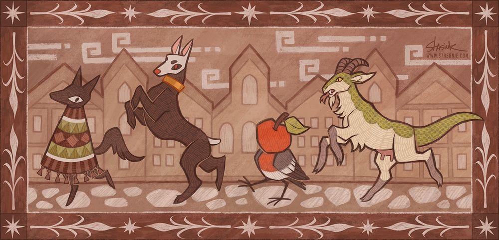 A tapestry-like artwork depicting 4 animal characters that belong to Berneri.
The tapestry is brown with a border that features stars and a corn-like crop. The background is a line of houses. Four animals walk in a single line with a dog-like character as the leader. This character has black fur and wears a poncho with a geometric print and tassels on it. They are followed by a hound walking on it's hind legs. The hound has a white face and tail and the rest of it's body is black. It has red eyes and a gold collar. Following the hound, a bird with an apple for a head follows. In the rear, a goat with a cream coloured pelt with green scales on it's back, a forked tongue, and snake-like eyes follows behind. The goat with snake traits completes the parade.