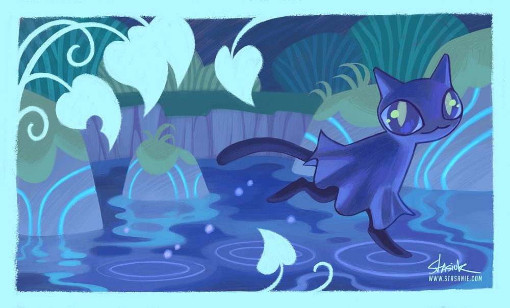 This is an Art Fight attacks against mooncritter and features their OC Ghost!
A drawing of a cat-like character dashing across the surface of a pond. The character looks like the Pokemon Shuppet, but has the hind legs and tail of a black cat peeking out from under the cloth. The artwork is very stylized with a storybook feeling to it. There are rocks in the pond covered in moss that feature strange glowing magical lines. The artwork is framed by a light blue border that features large leaves that coil into the scene. #Stasanie #ArtFight