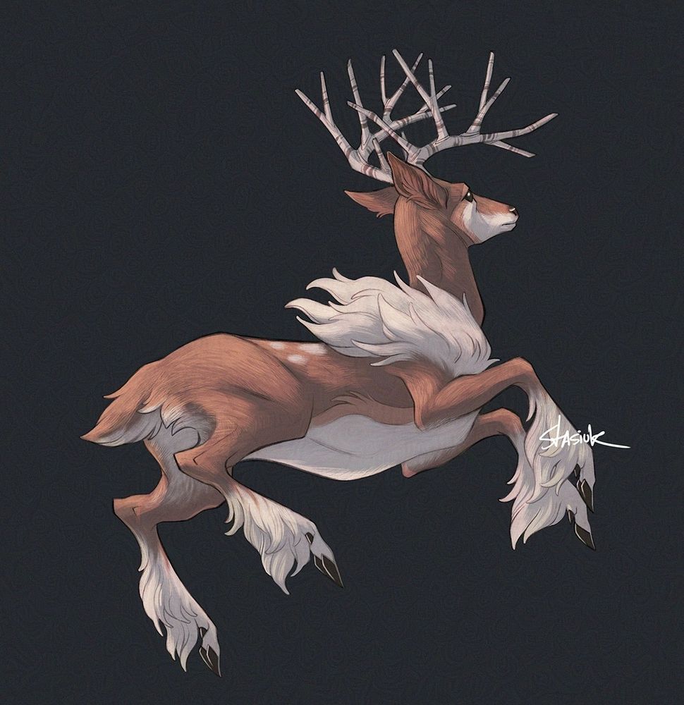 The Pokemon Sawsbuck drawn in it's winter form. The Sawsbuck is drawn in a semi realistic style with heavy fur texture on a dark grey background.