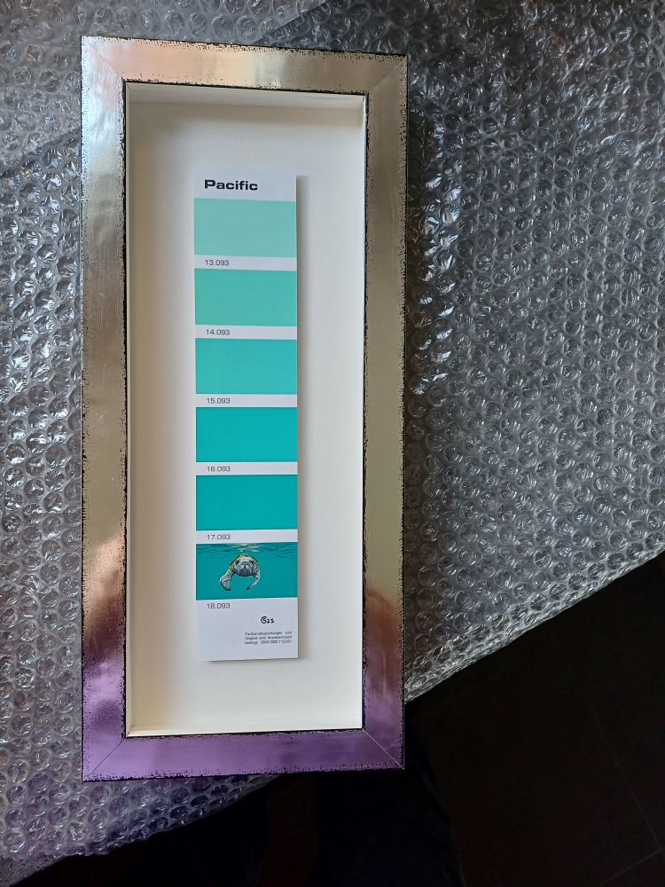 Ein gerahmtes Kunstwerk von LadyOi, Manatee auf Farbkarte aus dem Baumarkt.