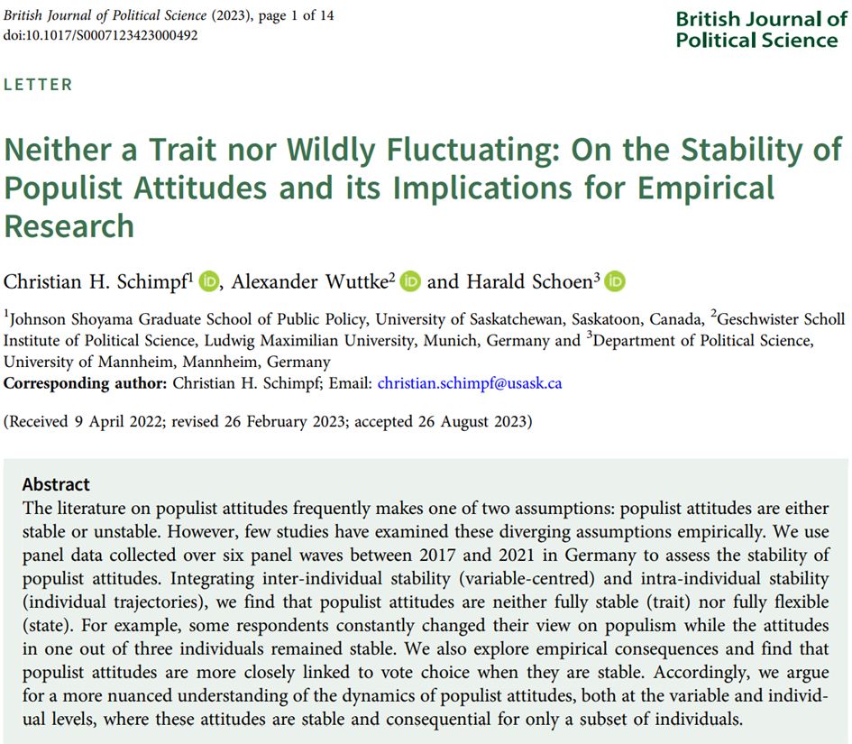 title of Study Schimpf, C., Wuttke, A., & Schoen, H. (2023). Neither a Trait nor Wildly Fluctuating: On the Stability of Populist Attitudes and its Implications for Empirical Research.