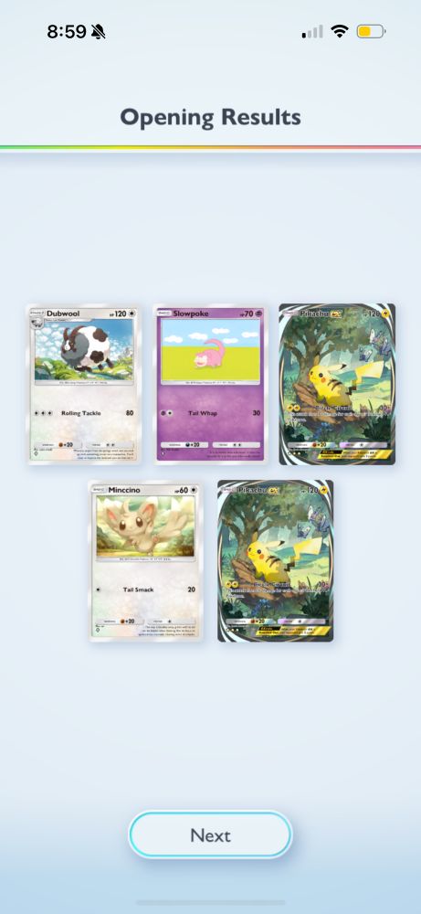 Pack of five Pokémon cards of which two are the rarest card in the pack.