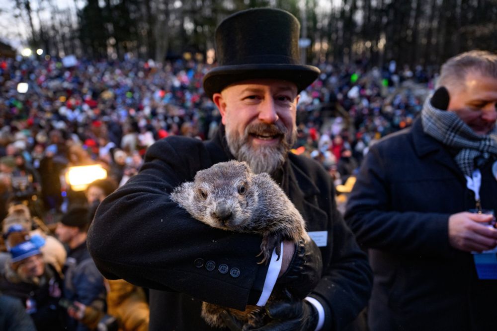 Groundhog Punxsutawney Phil is carried by man in top hat before large crowd. 