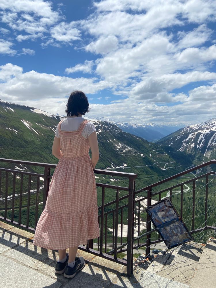 Girl in dress looking at the alps 