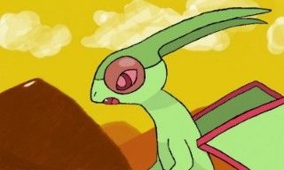 A Flygon, from Pokémon, facing left. Behind it, a yellowy sky with some sand mountains in a desert.