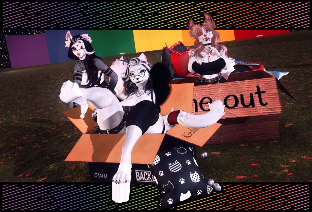 Secondlife photo of a white cat in a cardboard box, a brown and white dog in another box, and a white and black dog crouching nearby. All anthros. Being silly. The border is a stylized rainbow effect that was created to match the rainbow photo booths in the background.