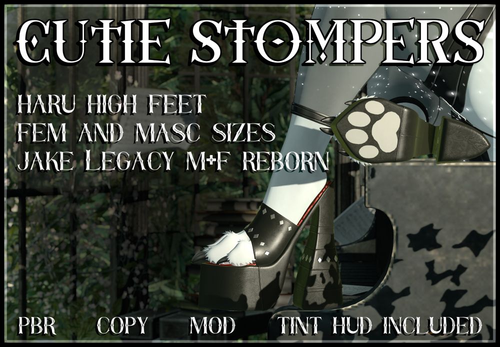 It's a Secondlife advertisement for a pair of shoes for feet for furries. It says they are called Cutie Stompers and they are for the haru high feet, feminine and masculine sizes. They were made for Jake, legacy male and fem, and reborn. It states at the bottom that they are PBR, copy, mod, and include a tent. HUD. The shoes are black in color and have a chunky heel. They have a paw print shown on the bottom. They also have diamond studs and various places. The image that is showing off the shoes shows the Creator sitting on a piano with her heel on the edge of the side of the piano with the other leg tucked underneath her knee to show the bottom of the shoe.