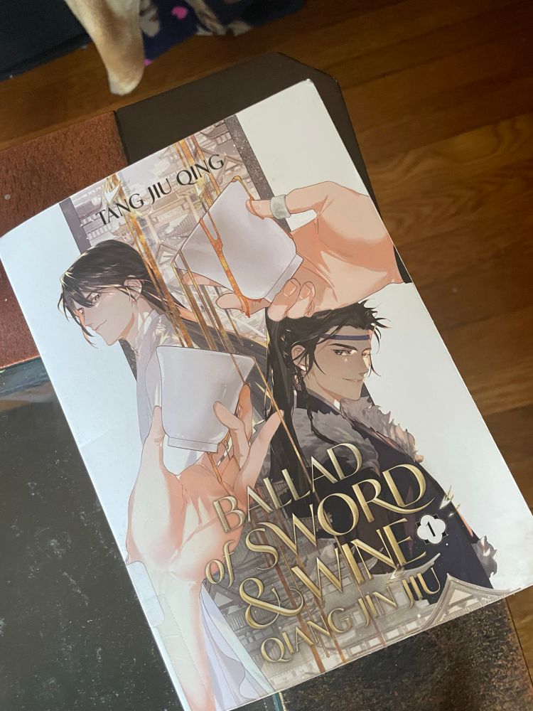 A photo of Ballad of Sword and Wine by Tan Jiu Qing ft a very pretty drawing of the two main characters with two hands pouring shiny wine around the image