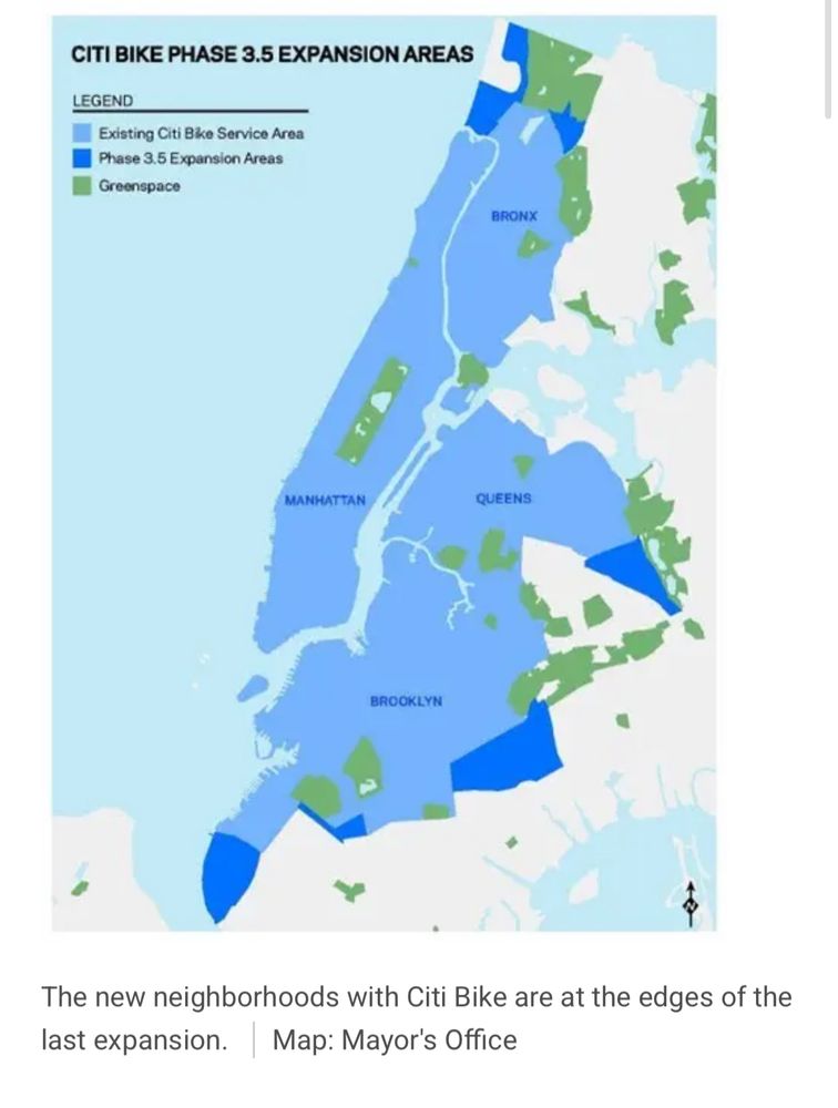 Map showing Citi bike expansion in a very small patches on the edge of the current map, specifically riverdale and a small patch south of Van cortlandt park and absolutely nothing east of that at alllll