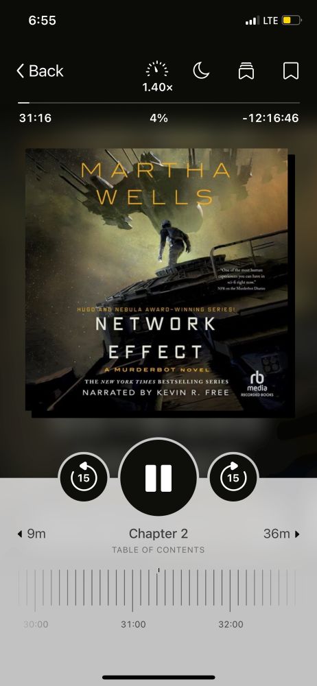 Libby screenshot of network effect by Martha wells. Murderbot and I’m pretty sure ART are on the cover (but also maybe the other ships in the book idk for sure 🤷🏻‍♀️)