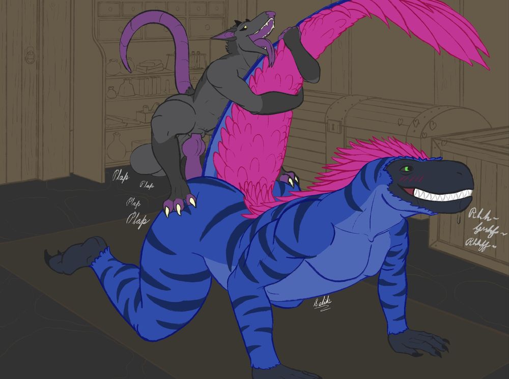 Selik the big blue utahraptor on all fours in Otto’s alchemy shop storeroom with his tail raised high, with the smaller Otto the Impossum hugging against it with his feet planted on Selik’s haunches, giving him a good pounding. Otto’s large balls are slapping loudly between Selik’s legs. Selik is grunting and growling in bestial pleasure.