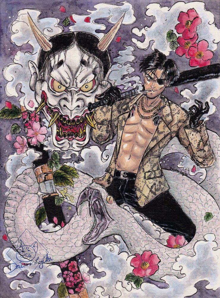 A one-eyed yakuza shirtless with a jacket is smoking and holding a baseball bat. Behind him you can see a scary looking Hannya mask, a small dagger - called tanto-, flowers and a white snake 