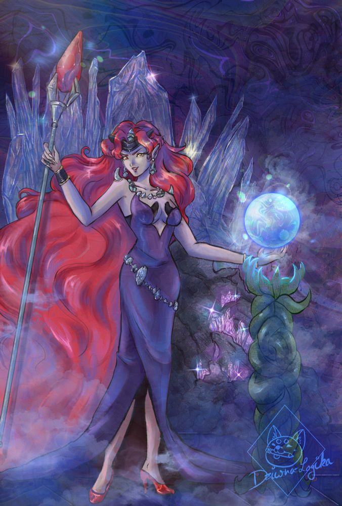 A red long-haired evil queen in a dark violet dress with gems as jewelry.
The background is full of crystals and gems.