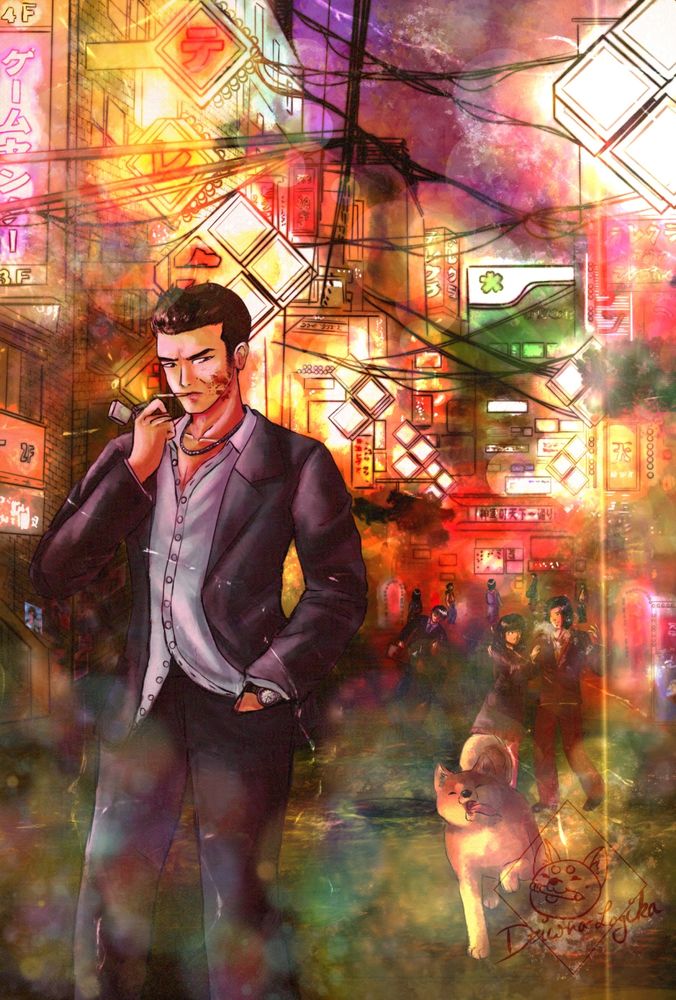 A young man is walking through a light-flooded street. It's very alive and a happy Akita Inu is walking, too. 