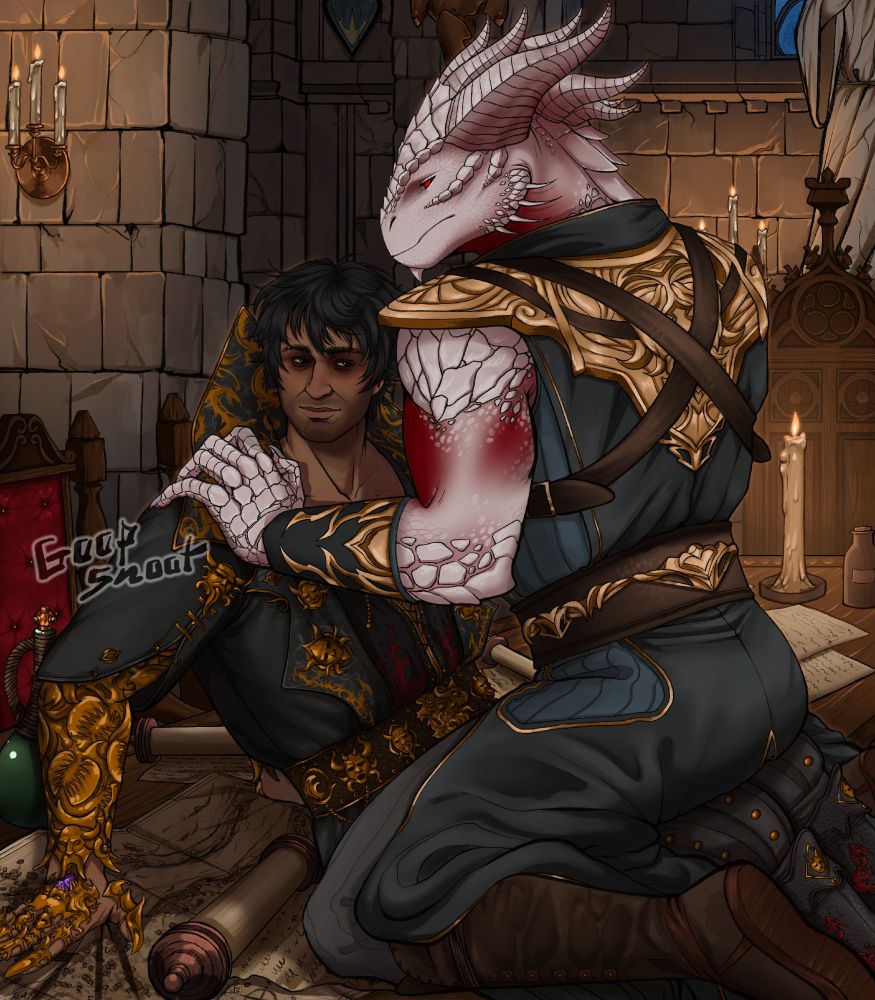 A drawing of the Dark Urge and Gortash within Wyrm’s Rock Fortress, with Durge sitting on Gortash’s lap, straddling his lap on top of the long table within Gortash’s chamber. Gortash has a small smile on his face, his eyes looking up at Durge while Durge looks off to the side with a neutral expression, his hand placed on Gortash’s right shoulder. Gortash has his hands planted slightly to the sides and behind himself, crumpling up the map that he’s sitting on. There’s a green wine bottle behind him, and multiple scrolls and papers important for their plans.  There’s a candle burning behind them on the table as well as in the background, illuminating the space as it turns to dusk.