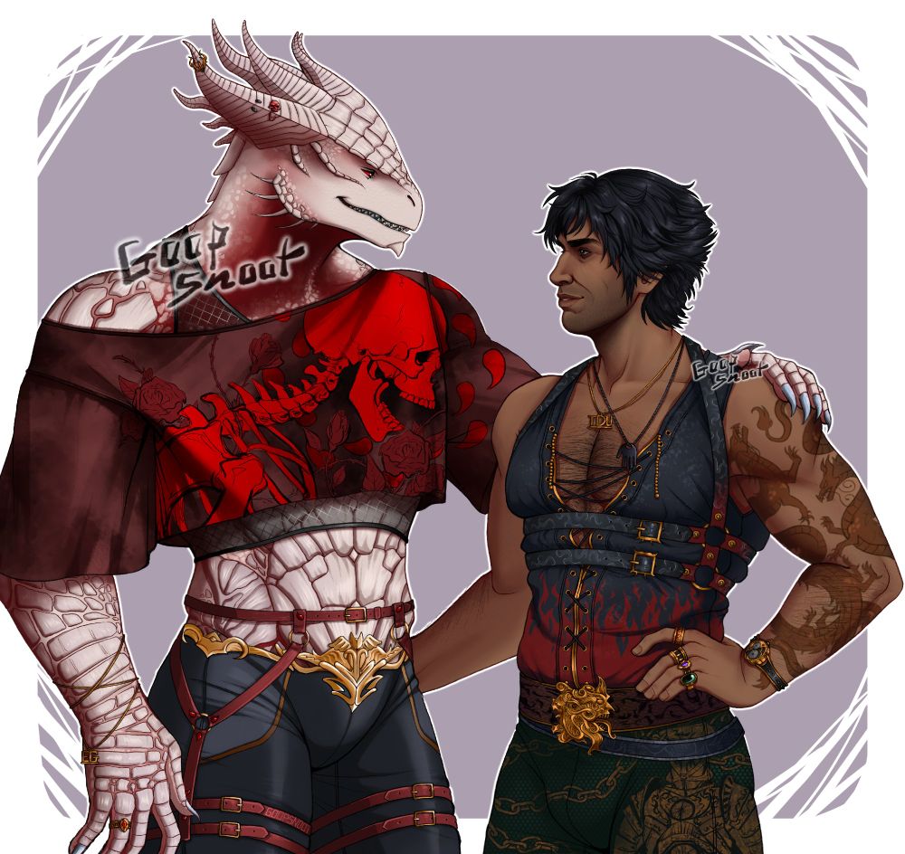 A drawing of the Dark Urge and Gortash with the background white and a muddy and almost pastel purple. Durge has his hand on Gortash’s shoulder while Gortash’s hand is a little lower than Durge’s lower back, and his other resting at his own hip.. They’re both looking at each other, smiling. The clothes they wear could be seen as more modern or regular. 

Gortash has his usual undershirt on, and his belt buckle looks the same but with alteration to the actual belt. His pants are a darker shade of green and have a drawn Steel Watcher on the leg of it that’s a murky yellow, as well as chains. Gortash wears accessories on his left hand, pinkie to pointer finger decked in golden rings. He also has a wrist watch which doesn’t show any numbers, there being small cogs within it. Gortash also has a tattoo sleeve of two long and squiggly dragons on his left arm, the other barren of any tattoos. 

Durge wears a crop top that has the design of a skeleton with Bhaal’s markings around the head, the color a bright red. The skeleton has an open jaw, and the design shows it from the side, the neck and half the rib cage also included. There are darker roses that are more of the shade of the murky red top. Durge has a ring on his right ring finger, a little netherstone that matches Gortash’s ring, with his own small netherstone. Around Durge’s wrist there’s a necklace with the letters “EG”, which stands for “Enver Gortash”. Gortash has a matching necklace too, where the letters shown are “TDU” which stands for “the Dark Urge”. Gortash also has another necklace of an upside down hand, made from a polished black stone of some kind. Both Gortash and Durge have belt harnesses on, Durge’s being the lower body and Gortash’s the upper body. Durge’s pants looks like his regular sorcerer robe, mimicking some patterns and the belt, though only the shiny golden piece of it. Durge has piercings through his horn at his right side, that being of the Crown of Karsus near the end of the horn.