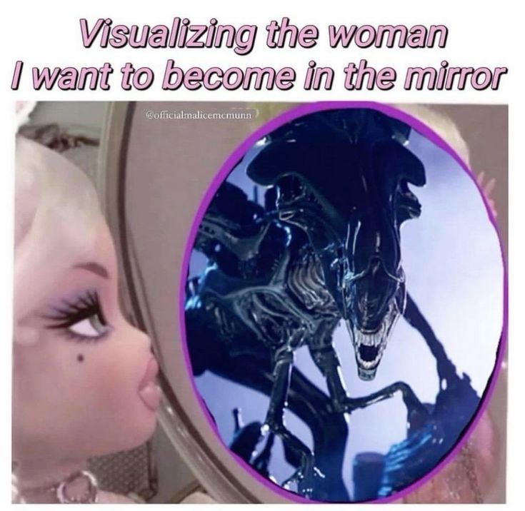 A picture of the original image I took inspiration from for my drawing. It’s showing a Bratz doll looking into a mirror where a xenomorph queen is looking back at her, the top text saying “Visualizing the woman I want to become in the mirror.”