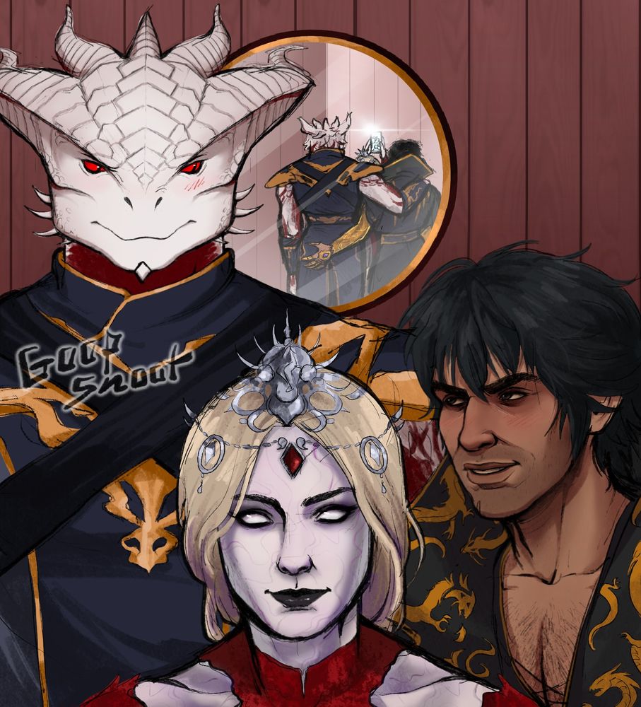 A drawing of the Dark Urge, Orin the Red, and Gortash. Orin looks into the camera with half a smile, unaware of what the two behind her are secretly doing. The Dark Urge sends Gortash a glance, and Gortash has a knowing smirk. In the background there is a round mirror where we can see what's gotten the two looking away from the camera. Gortash has his hand on Durge's behind, and Durge has his arm around Gortash's shoulder despite maybe looking a little irked at Gortash's hand placement.