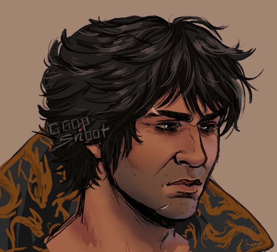 A drawing of Gortash's face, looking off to the side. He does not look pleased in the slightest.