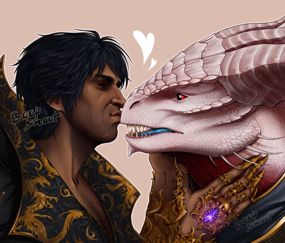 A drawing of the Dark Urge and Gortash above their shoulders facing each other, Gortash giving Durge a soft kiss to his snout. Durge looks surprised with his mouth slightly parted, his eyes wide open and his pupils very round dilated from the affectionate action. Gortash’s eyes are closed, two white hearts in the background having appeared from the kiss. Gortash’s hands are in view, his left hand holding Durge’s cheek that’s not facing us, and the right resting at his neck, showing his Netherstone. The background is a plain pastel salmon pink. Durge’s scales are all drawn by hand and shaded.