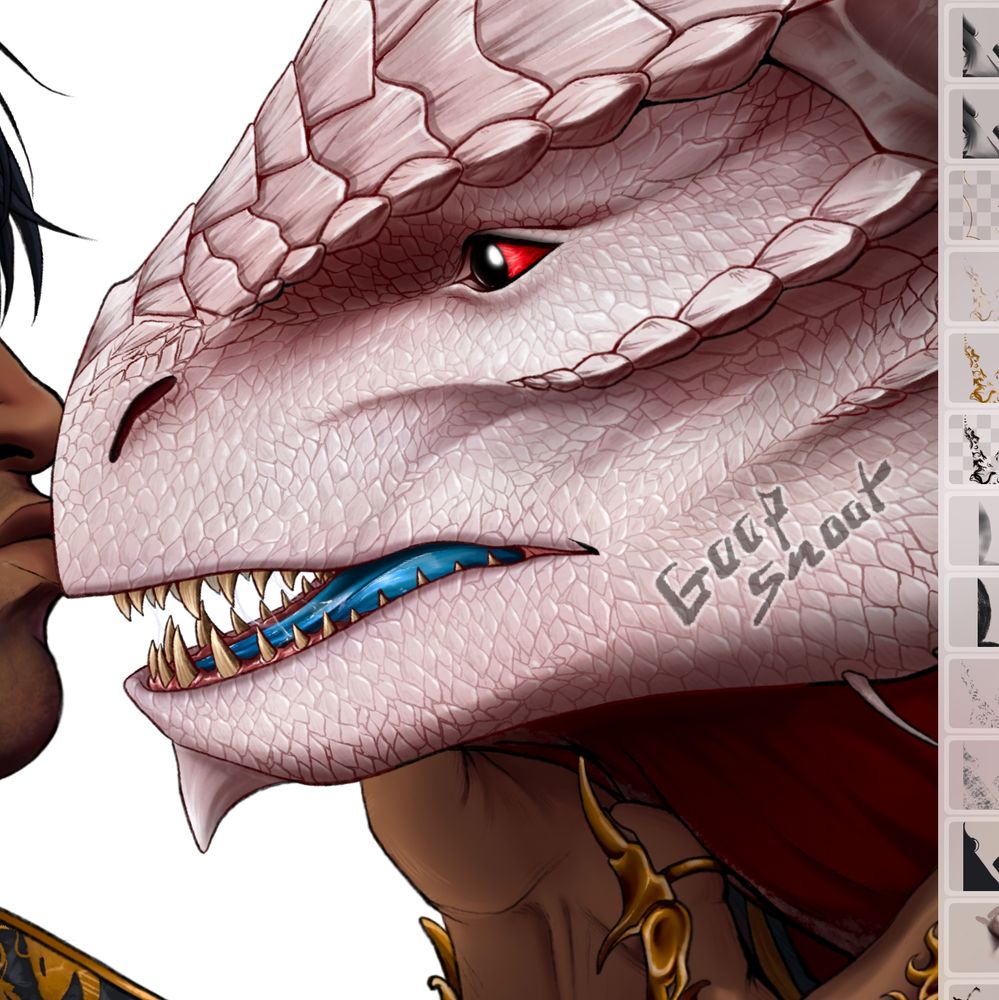 A close up of a work in progress drawing. It shows the Dark Urge’s face from the side facing left. He looks slightly surprised but pleasantly so, his visible pupil dilated as he looks at Gortash, who is a little out of frame, giving him a sweet kiss on the snout. Gortash’s hands are also slightly shown, affectionately holding Durge’s cheek with his left hand and the right resting at his neck. The background is white.