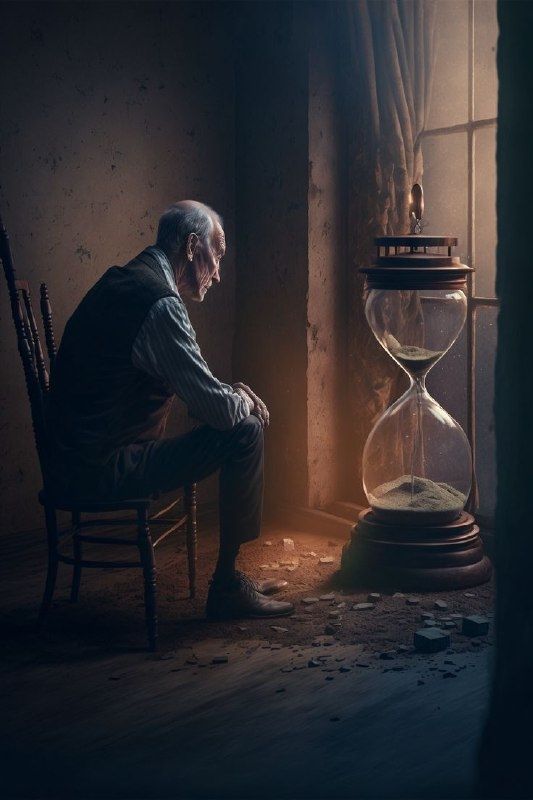 An old white with gray hair man sits before a large hour glass, lifeglass, as he watches the grains of sand in the top of the glass slip away. He knows his end of life is approaching. He isn't sad. He's serene. 