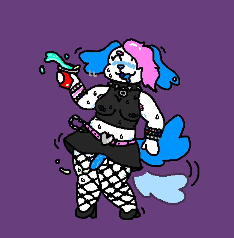 My fursona Felicity, a trans colored anthro puppy girl, in a goth/punk outfit drunkenly dancing with a mixed drink in hand. They're sweating and their skirt is flared up showing their swinging dick leaking cum. They're also wearing a sheer croptop with pierced nipples showing through.