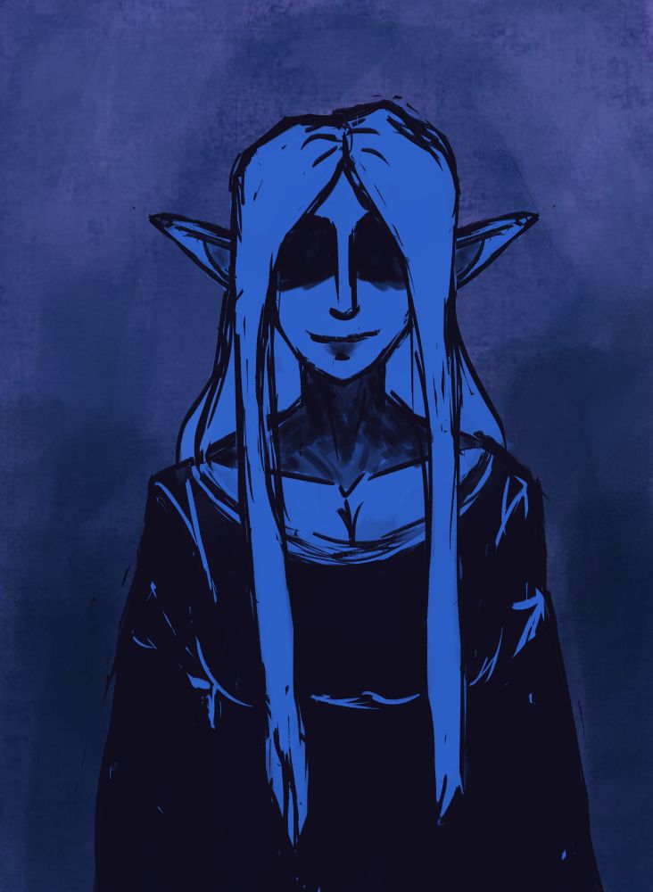 A drawing of an elf with long hair and black robes