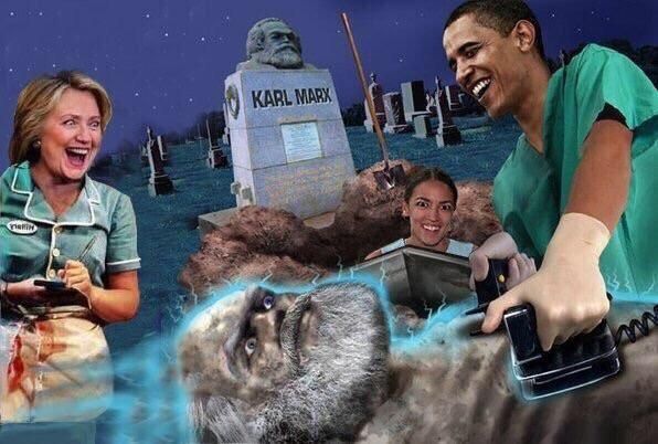 Obama resuscitating Karl Marx in a dark graveyard with AOC and Hillary Clinton smiling and watching 