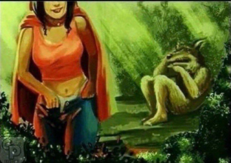 anthro wolf crying and curled up on the right in the background, while woman in red cape pulls her jeans up and walks towards rhe camera smirking