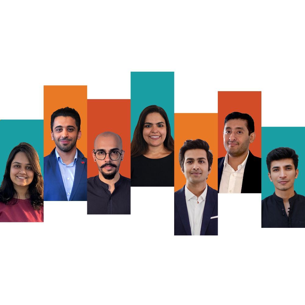 A collage of seven headshots transposed over teal and two shades of orange background