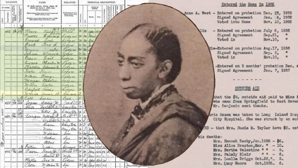 An old portrait, in a vertical oval frame, is superimposed on census data records