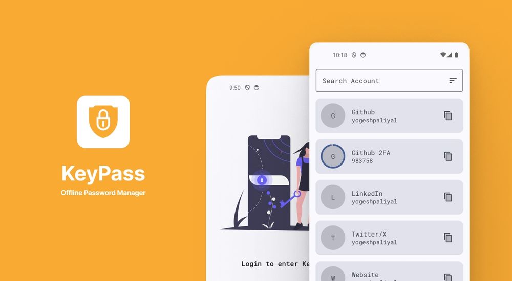 A banner for KeyPass app, with screenshots and app logo, keypass is an open source offline password manager for android.