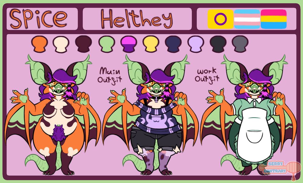 Art by me!
Spice is an orange vampire bat with dark magenta, cream and green colours as well as purple and pink hair.
They have a long rat-like tail.

Their main outfit consists of a purple sweater with a cute squid monster design on it, black ripped jean shorts and purple ripped stockings.

Their work outfit consists of a green shirt, dark green leggings and a white apron.