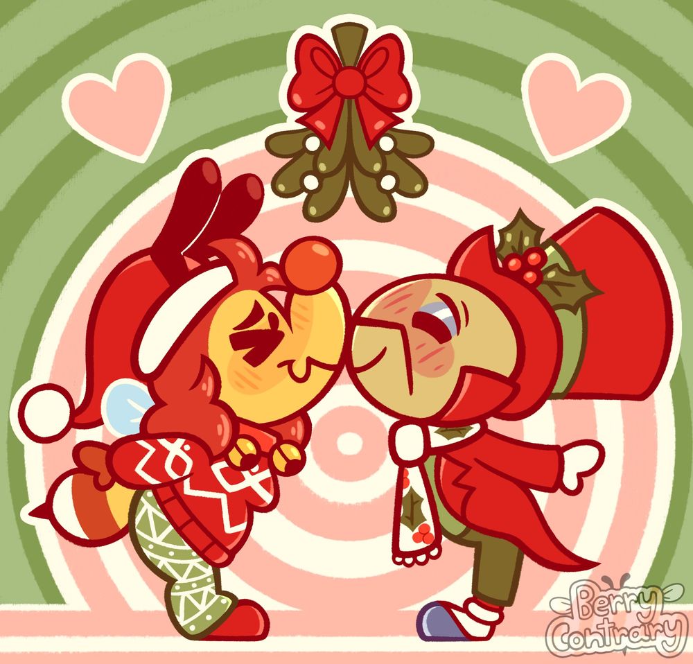 A selfship image of my self insert, Berry Buzz Bumble and Jiminy Cricket kissing under a mistletoe.
Berry is wearing a red jumper, green pants with white patterns on them. They're also wearing a santa hat and red collar with bells on.
Jiminy is wearing a red tailcoat, green shirt and pants. He is also wearing a red top hot with Holly on the ribbon. Jiminy is also wearing a white scarf with Holly patterned on it.
