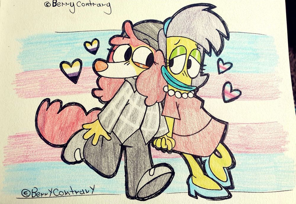 Selfship art of my sona, Berry Bonanza and Rachel Bighead from Rocko's Modern Life.
Berry is a yellow basset hound with red hair and tail, they have a white muzzle and an orange nose. Berry wears a grey beanie, plaid coat, grey pants and shoes.
They're holding Rachel's hand while on a walk, their heads touching as they look at each other while smiling.
Next to Berry are two hearts coloured like the nonbinary flag, while Rachel has two hearts coloured like the transfem flag.
Behind them in the transgender flag.
