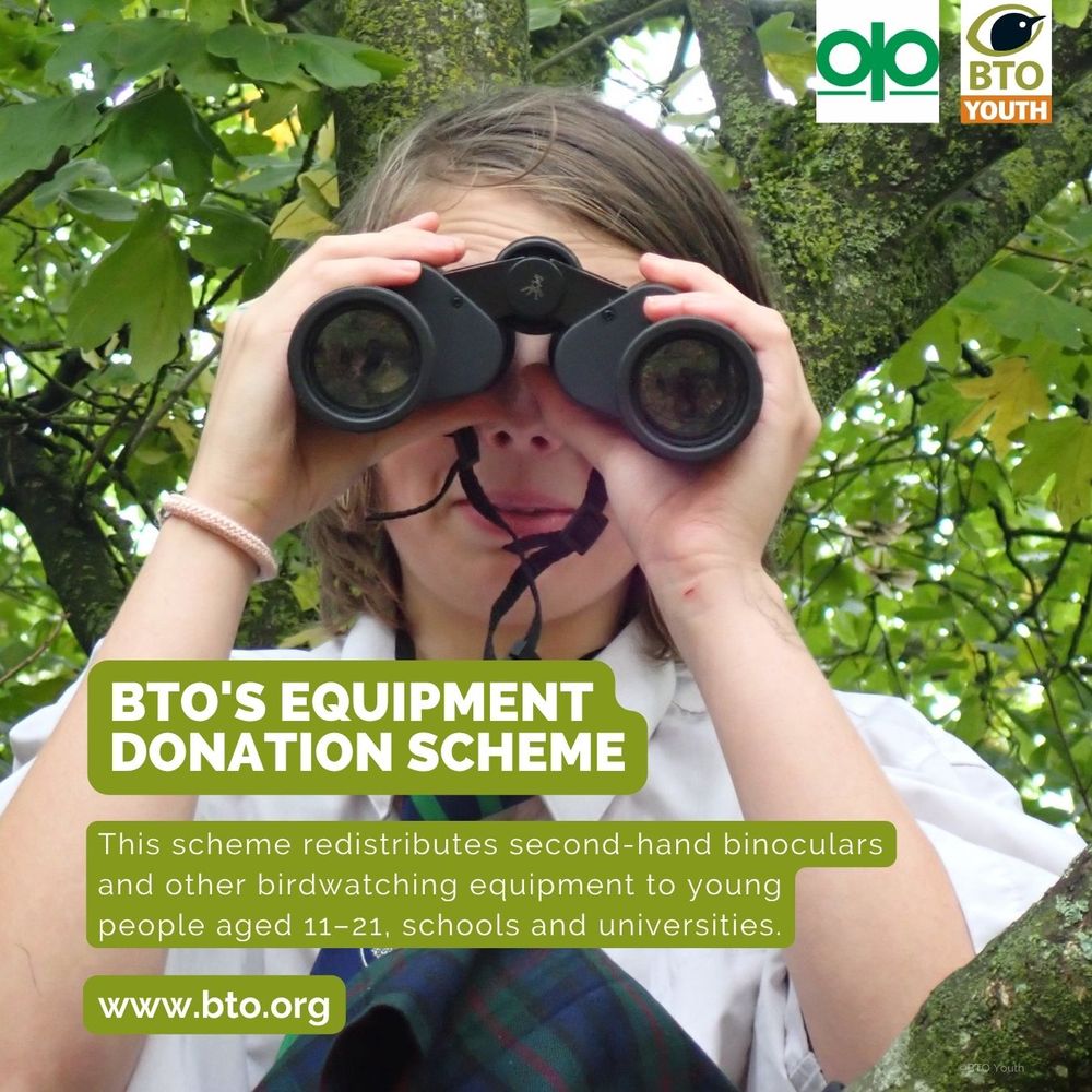 Image of a young person looking through binoculars. White wording on a green background over the image reads: BTO's Equipment Donation Scheme. This scheme redistributes second-hand binoculars and other birdwatching equipment to young people aged 11-21, schools and universities. www.bto.org. BTO Youth and Opticron logo top right of the image. 