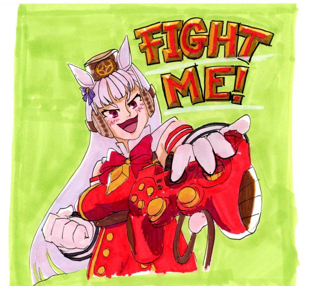 Gold Ship from Uma Musume reaches out and challenges the viewer with her controller. The text FIGHT ME hangs right of her. 