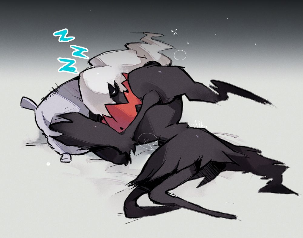 Darkrai sleeps, laying on pillow and its arms on it.