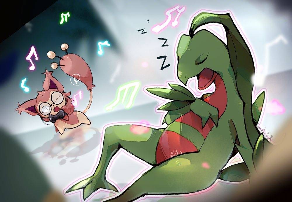 Location: Crystal cave depths
Grovyle's sleeping covered in sleep status smog
bg character: Skitty Jane (self-sona) who hit sing on Grovyle
Foreground characters: Terry (turtwig partner) and Maya the Mawile