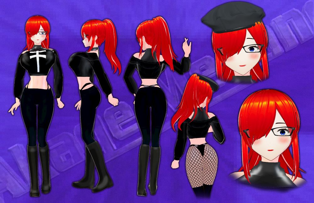 3D Reference Sheet of Akage Megane (Babiniku VTuber).
It shows the main attire, the baret, and the alternative attire.