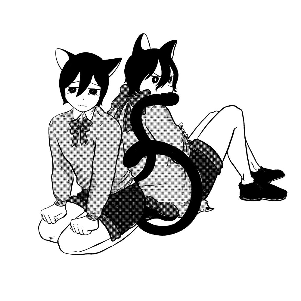 Black and white illustration of Horimiya characters Sengoku and Miyamura as catboys. Miyamura gnaws on Sengoku’s tail.