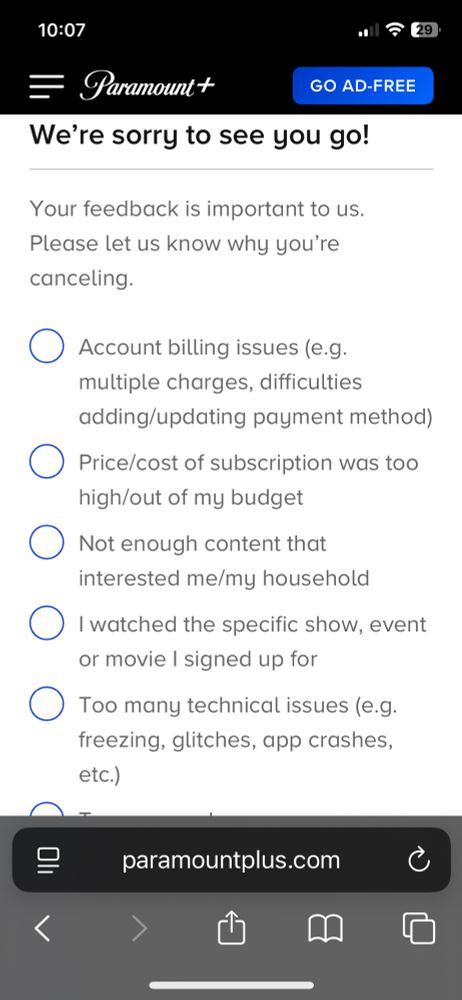 Screenshot Paramount+ “We’re sorry to see you go!”