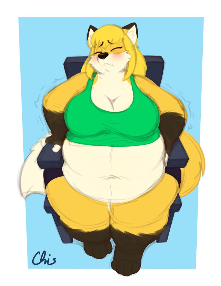 Jane, my fat fox oc, trying to pull herself out of her chair. She is stuck due to her wideness.