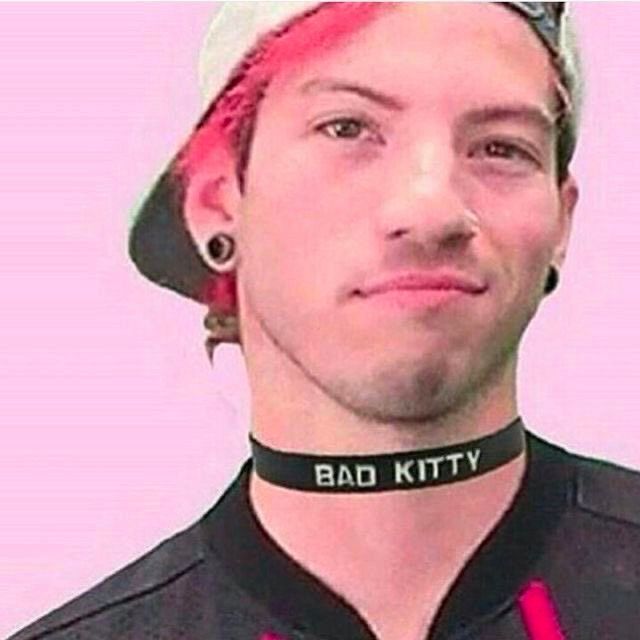 Pink haired Josh Dun wearing a backward ball cap and a black t shirt. He is smirking a bit. He is also wearing a “bad kitty” choker (possibly photoshopped)